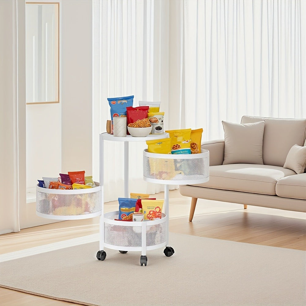 Rotating Storage Rack Multi-Tier Rolling Cart ¨C 360¡ã Swivel Round Floor Standing Organizer with 4 or 5 Layers, Vegetable Basket & File Rack for Kitchen, Bathroom, Office & Living Room (Black / White)