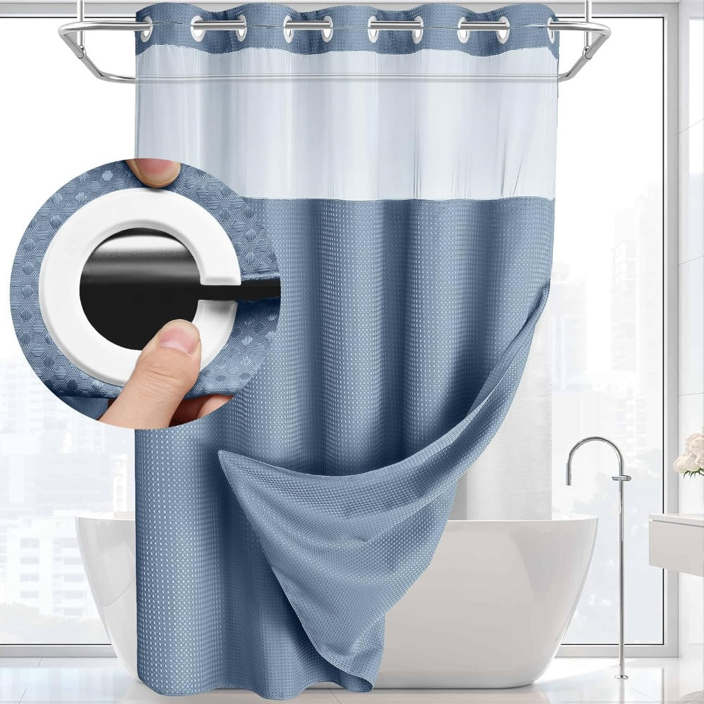 Waffle Shower Curtain with Liner Set Hookless Snap-In Double Layer Polyester Fabric Waterproof Easy Clean for Bathroom Hotel Home Decor