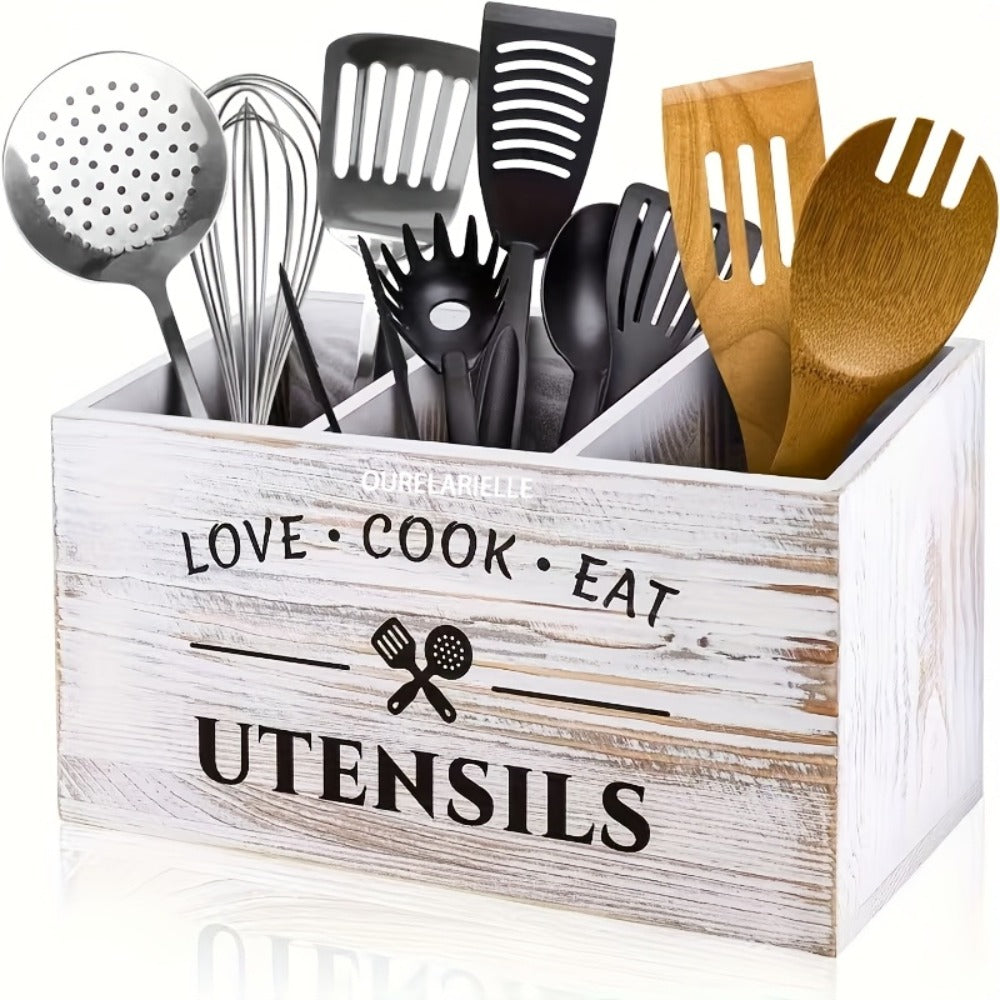 Wooden Cutlery Storage Box with Grid Compartments Chopstick Organizer Rack with Metal Accents for Kitchen Drawer Bedroom Desk Home Organization in Natural White Black