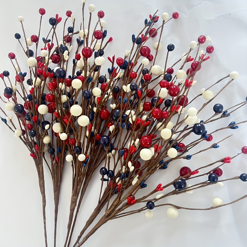 Artificial Berry Branches Red White Blue Patriotic Decor ¨C 5pcs Fake Plastic Stems for Home Tabletop Vase Floral Arrangement Fourth of July