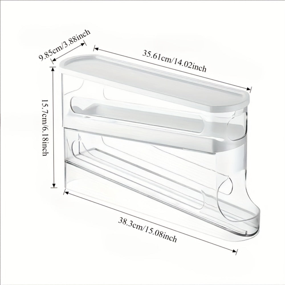 Double Layer Rolling Egg Dispenser Automatic Space Saving Refrigerator Egg Organizer for Cabinet Kitchen Storage Keeps Eggs Fresh White