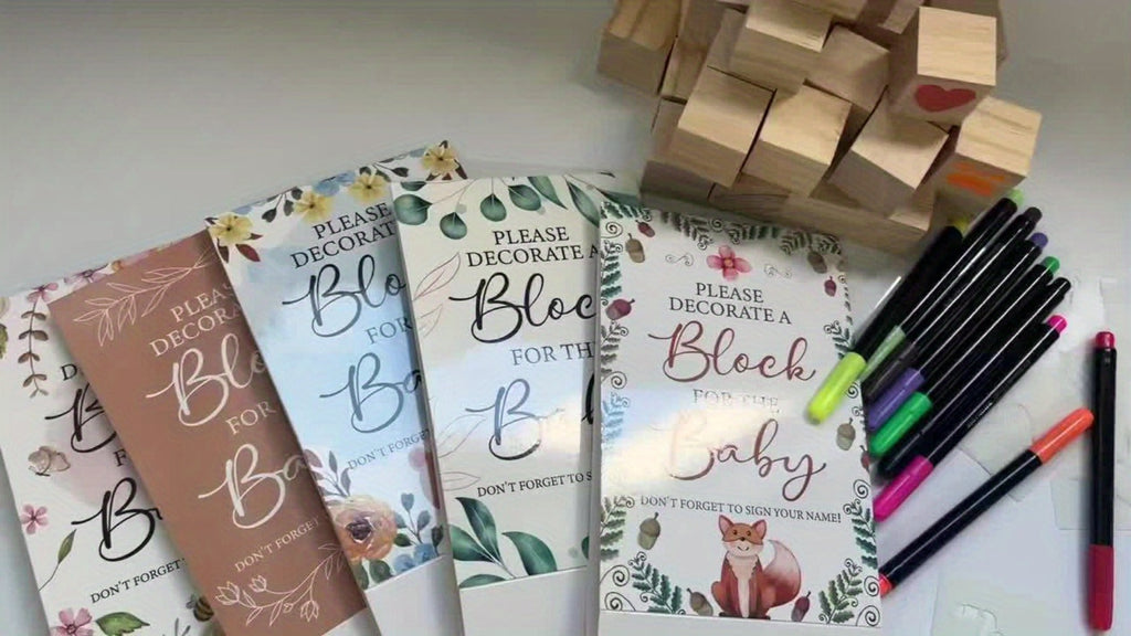 Wooden Block Stacking Game Party Kit 51pcs 30pcs ¨C Baby Shower Tumbling Tower Decoration Sign Set Classic Flower Greenery Fox Bear Style No Electricity