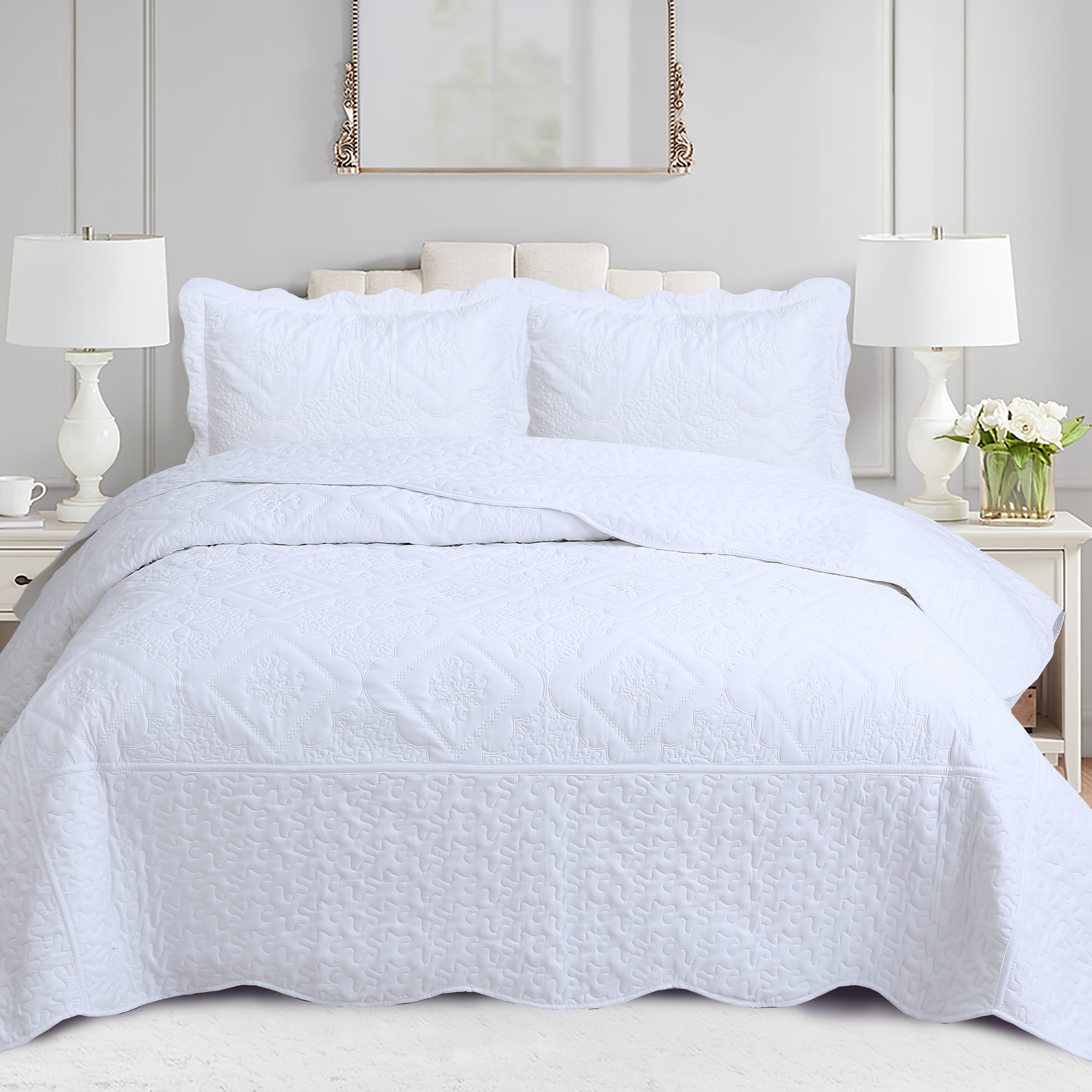 Quilt Set 3 Piece Floral Embroidery Bedspread - 100% Polyester Wrinkle Resistant Lightweight Quilted Coverlet with 2 Pillow Shams for Full Queen King Bed, Elegant Bedroom Decor in 19 Colors