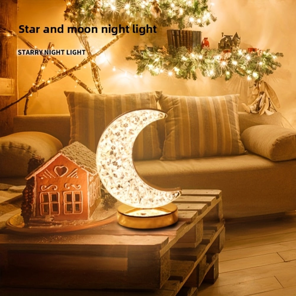 Crystal Touch Table Lamp Rechargeable ¨C Moon & Star Dimmable LED Night Light with 3-Color Modes for Bedroom, Living Room & Christmas Decoration