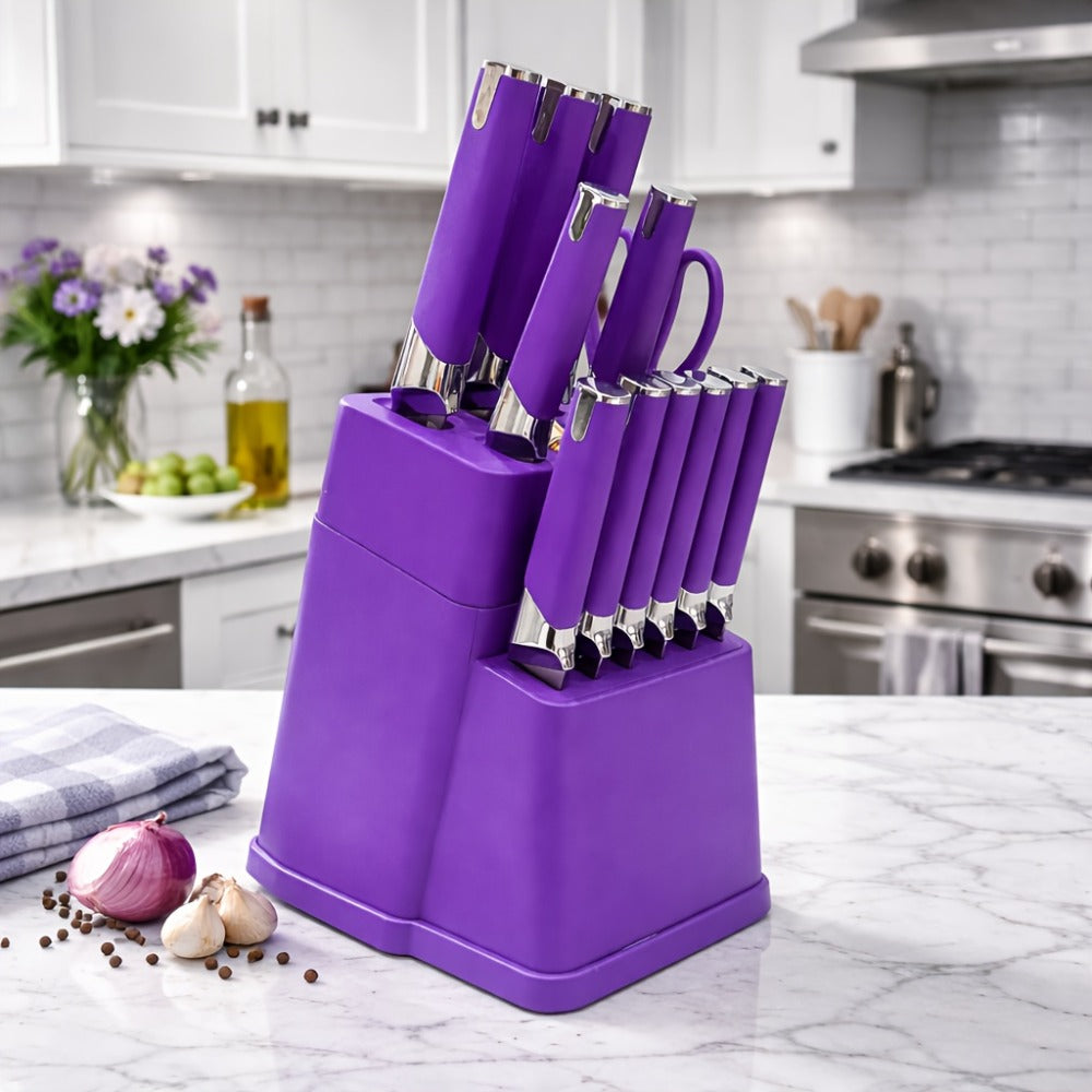13-Piece Kitchen Knife Set with Block, Chef Bread Steak Knives Scissors Stainless Steel Colorful Cutlery Gift Set with Knife Holder