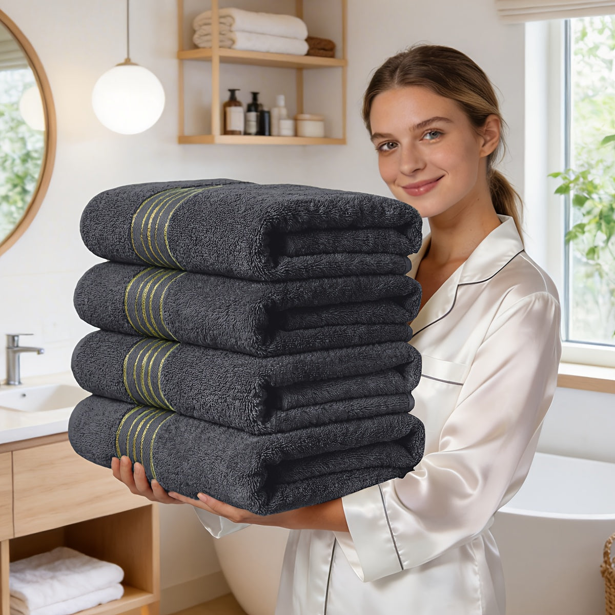 Bath Towel Set 4-Pack 620GSM Bamboo Cotton Blend Super Soft Quick-Dry Absorbent Towels for Bathroom Spa Gym Travel