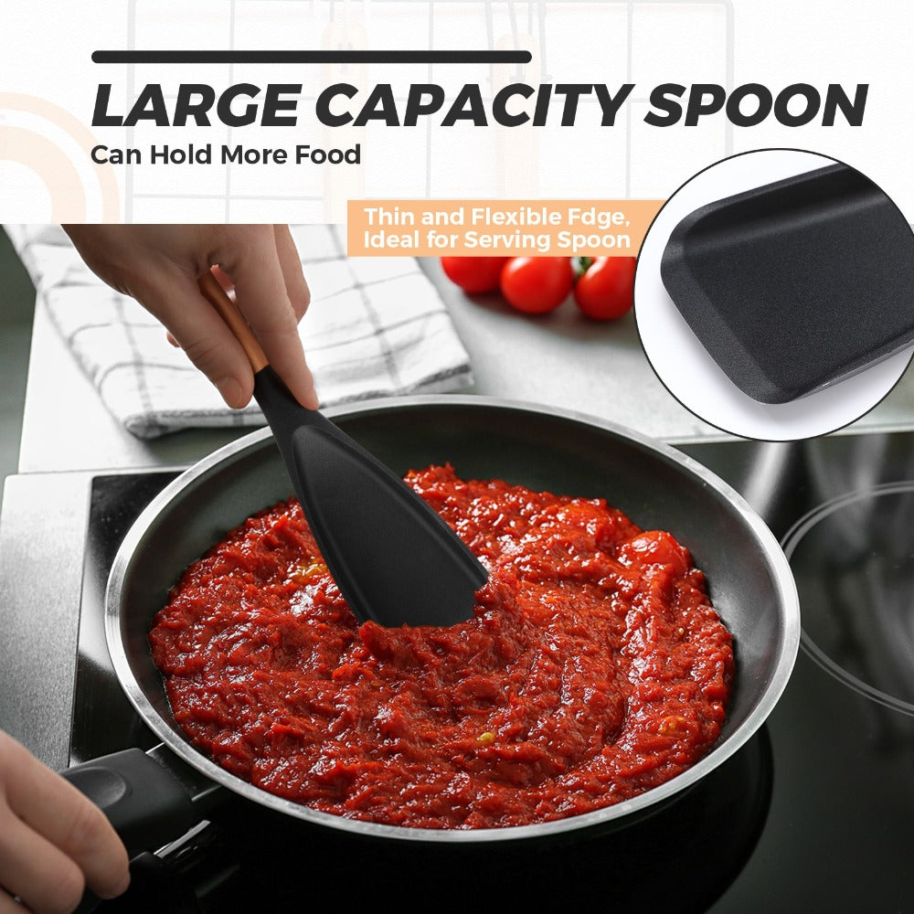 Silicone Kitchen Utensil Set 2/4 Pcs ¨C 12-Inch Wood Handle Cooking Tools with Stay-Cool Grip for Frying, Baking, Mixing & Serving, Non-Stick Cookware Safe Spatula & Spoon Kit
