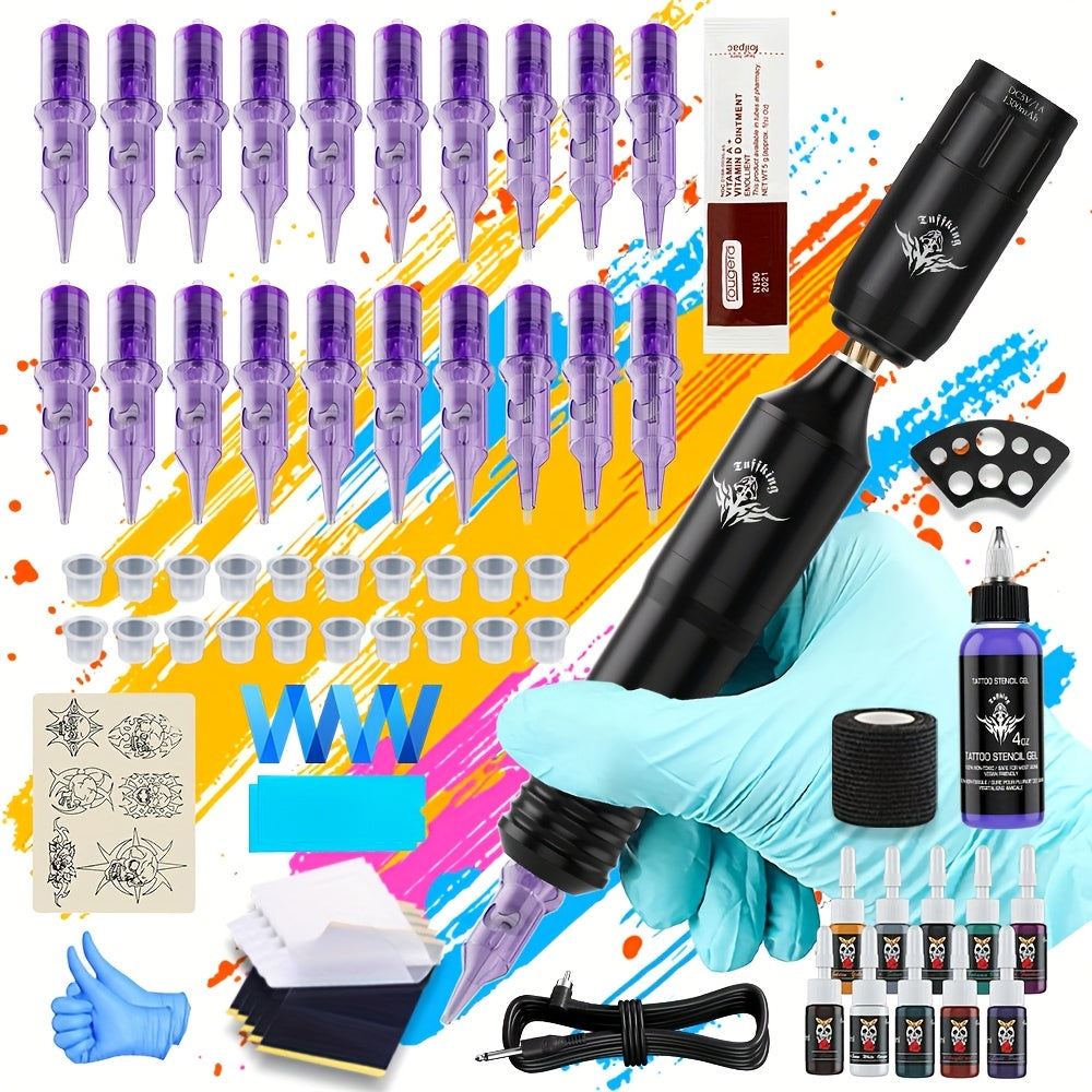 Rotary Tattoo Machine Kit 67pcs ¨C Complete Wireless Tattoo Pen Set with Cartridge Needles, Power Supply, Practice Skin, Inks & Transfer Paper for Beginners & Artists