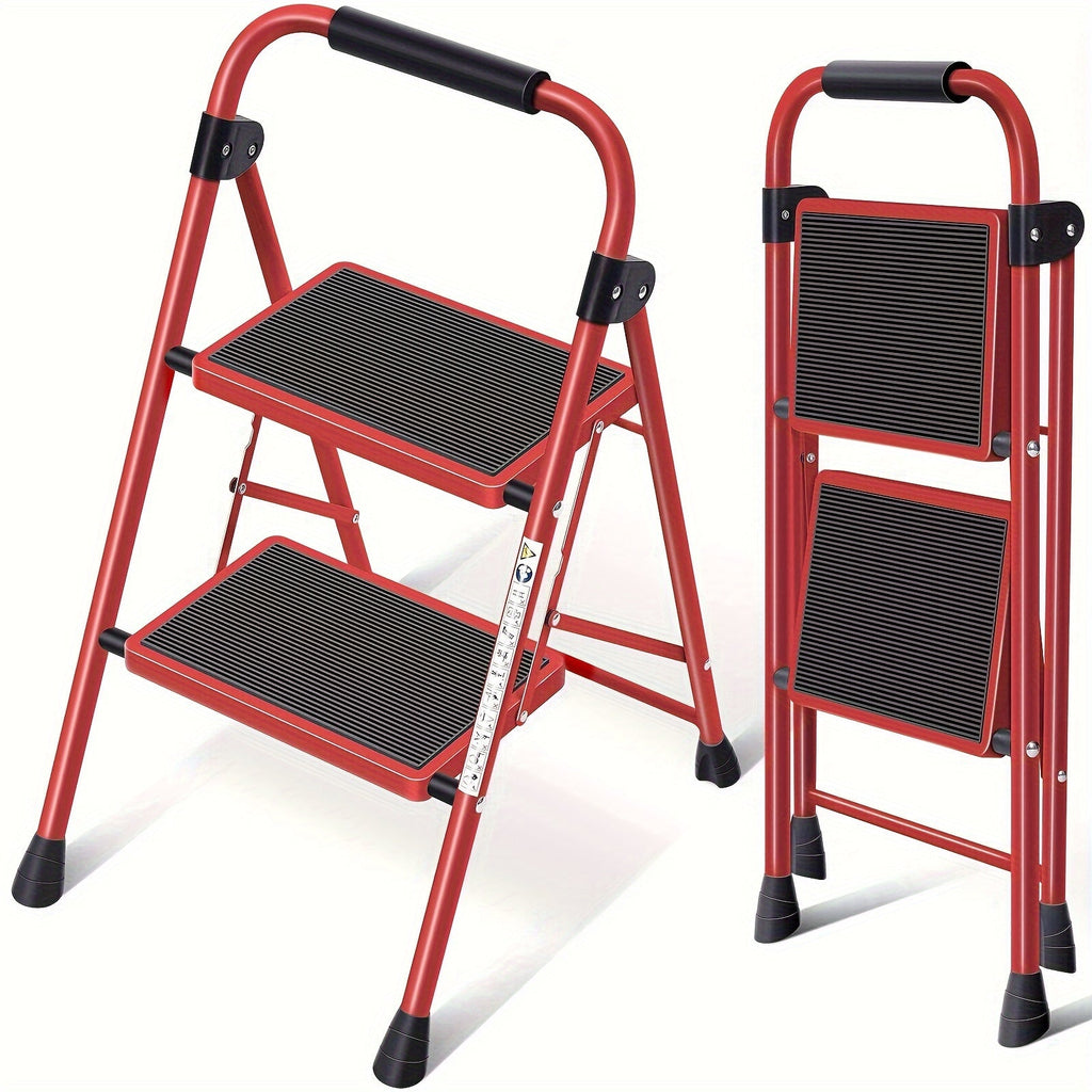 2 Step Ladder Foldable Heavy Duty Steel, Non-Slip Wide Pedal Step Stool with Safety Handle, Lightweight Portable Folding Step Ladder for Home Kitchen Bathroom Garage, 250lb Capacity, White & Red