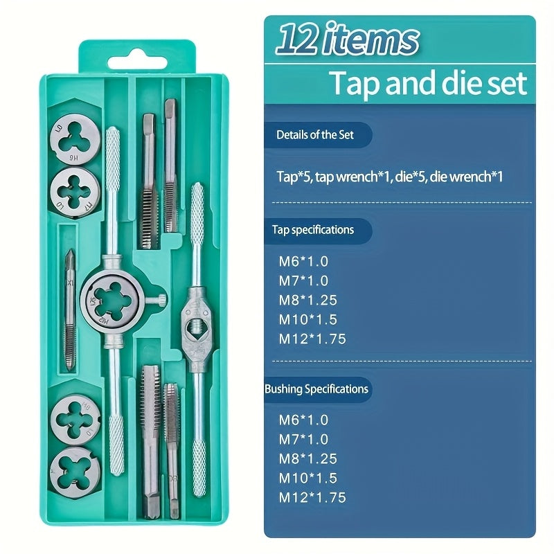 Metric Tap and Die Set 12pcs or 40pcs, M3-M12 Hand Thread Tapping Tool Kit with Plug Taps, Straight & Cone Reamers, Manual Threading Tool for DIY, Household Repair & Metalworking