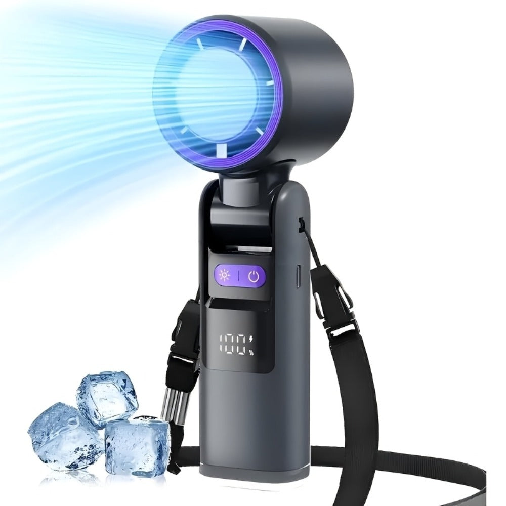Handheld Ice Pack Fan High-Speed Semiconductor Cooling | 100-Speed Digital Display Turbo Fan with LED Light, Foldable Portable Design for Outdoor, Travel & Daily Use ¨C Purple, Beige, Pink, Black & White
