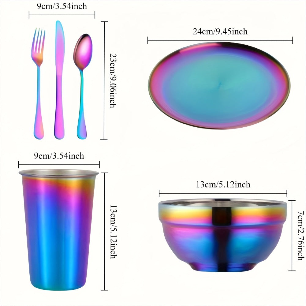Camping Tableware Set Stainless Steel Rainbow Plates Bowls Cups with Forks Spoons Knives Lightweight Outdoor Dinnerware Kit for Family Picnic Backpacking Hiking