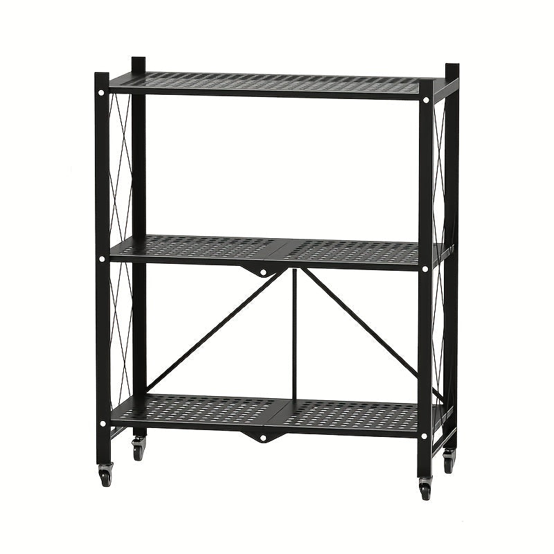 Rolling Storage Rack with Wheels 3 4 5 Tier Folding Shelving Unit No Assembly Required, Freestanding Metal Shelf Organizer for Kitchen Living Room Garage Office Basement, Black White