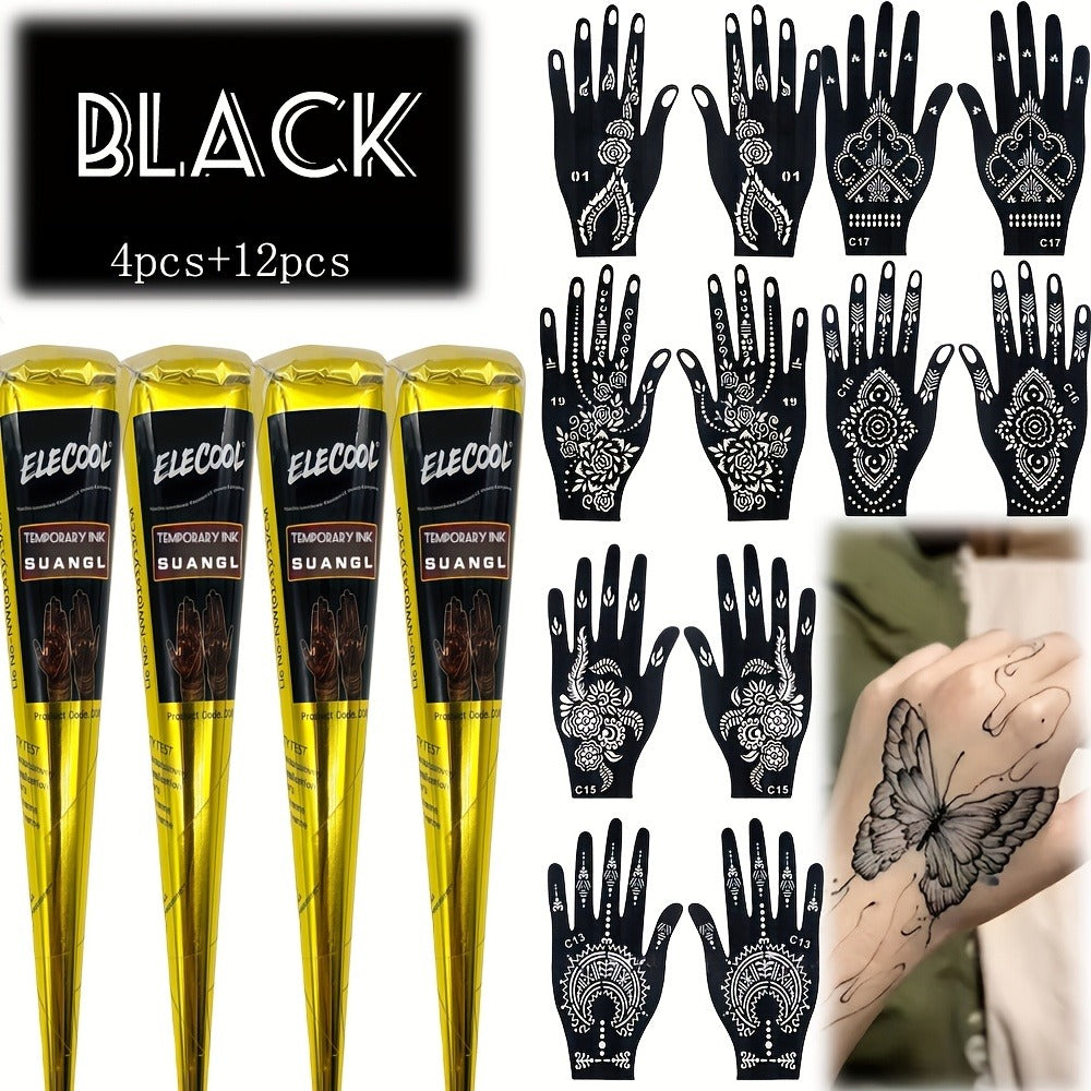 Temporary Semi-Permanent Tattoo Paste Kit - Waterproof Body Art Gel in Brown & Black with Tattoo Templates, Safe Non-Irritating Henna-Style Ink for Parties, Festivals, Cosplay & Daily Decoration