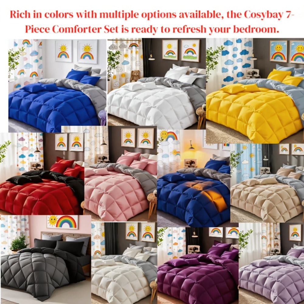 Comforter Set 7 Piece Bed in a Bag Full Queen King Soft Satin-Like Fabric with Fitted Sheet Flat Sheet Pillowcases Breathable Bedding Set for Bedroom Hotel