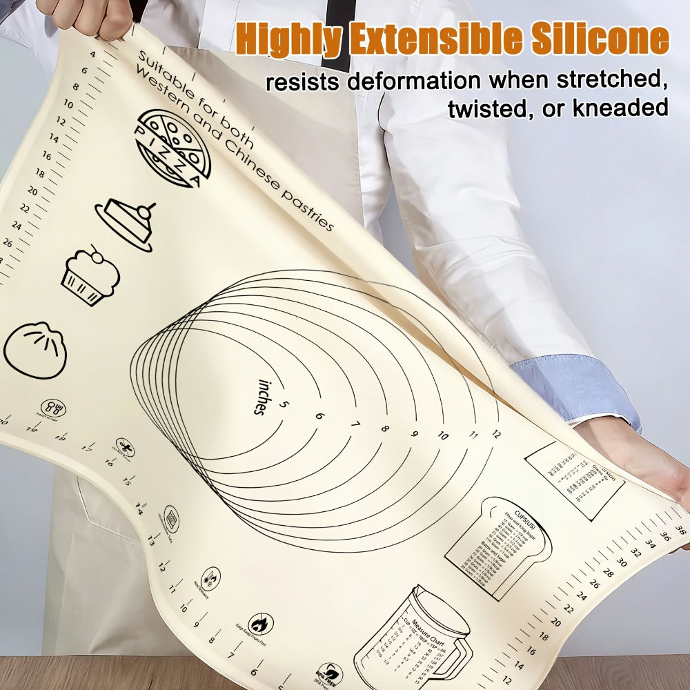 Silicone Baking Mat Set 4pcs, Extra Thick Non-Stick Pastry Mat with Measurement Scales, Non-Slip Dough Kneading Mat, Includes Rolling Pin, Dough Scraper and Storage Bag, Reusable Kitchen Baking Tools