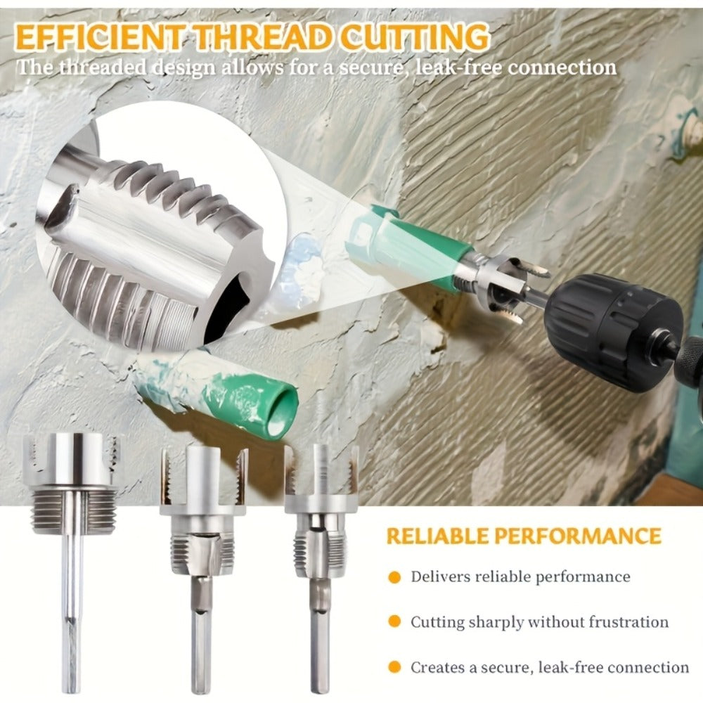 Pipe Threading Tool Set 3 Piece Heavy Duty Alloy 1/2 3/4 1 Inch Internal External Thread Tap Drill Compatible for PVC PPR MPP Pipe Installation