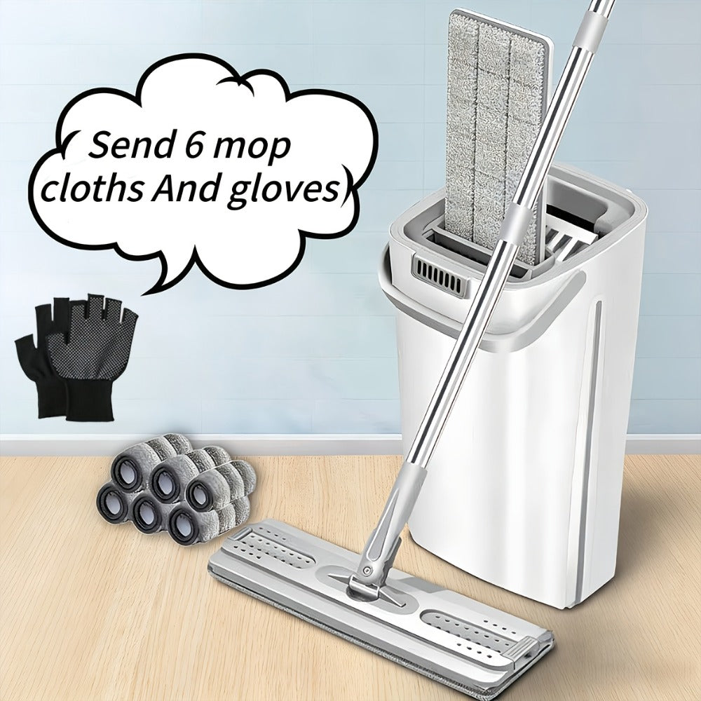 Hands-Free Flat Mop with Bucket Set ¨C 8pcs, 6 Microfiber Pads & Gloves, Dry & Wet Floor Cleaning for Bedroom, Kitchen & Bathroom