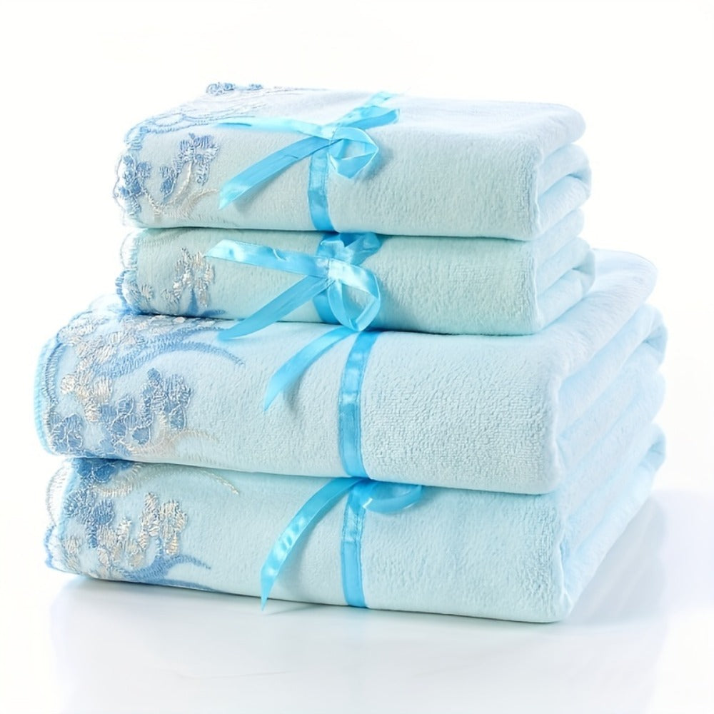 Lace Embroidery Towel Set 4-Piece 350GSM Soft Absorbent Bath and Hand Towels for Bathroom Elegant Decorative Towel Set