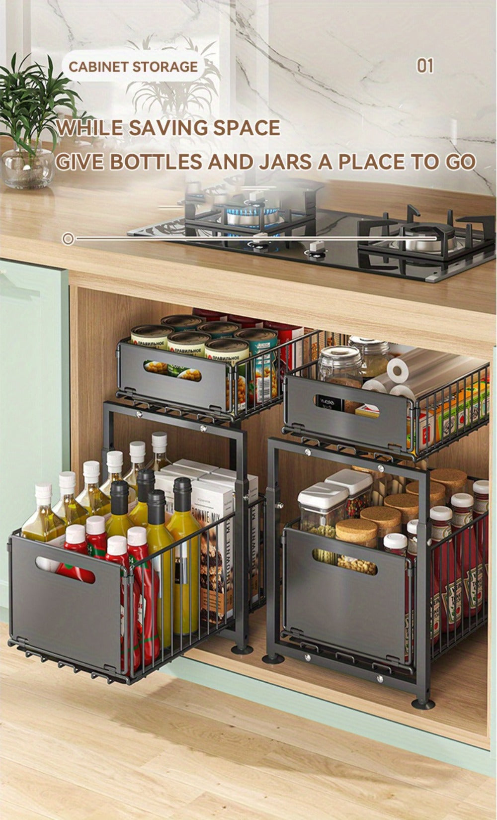 Under Sink Organizer 2-Tier Slide Out ¨C Heavy Duty Metal Cabinet Shelf, Adjustable Space-Saving Storage Rack for Kitchen & Bathroom Cabinets, Pull Out Drawer Organizer