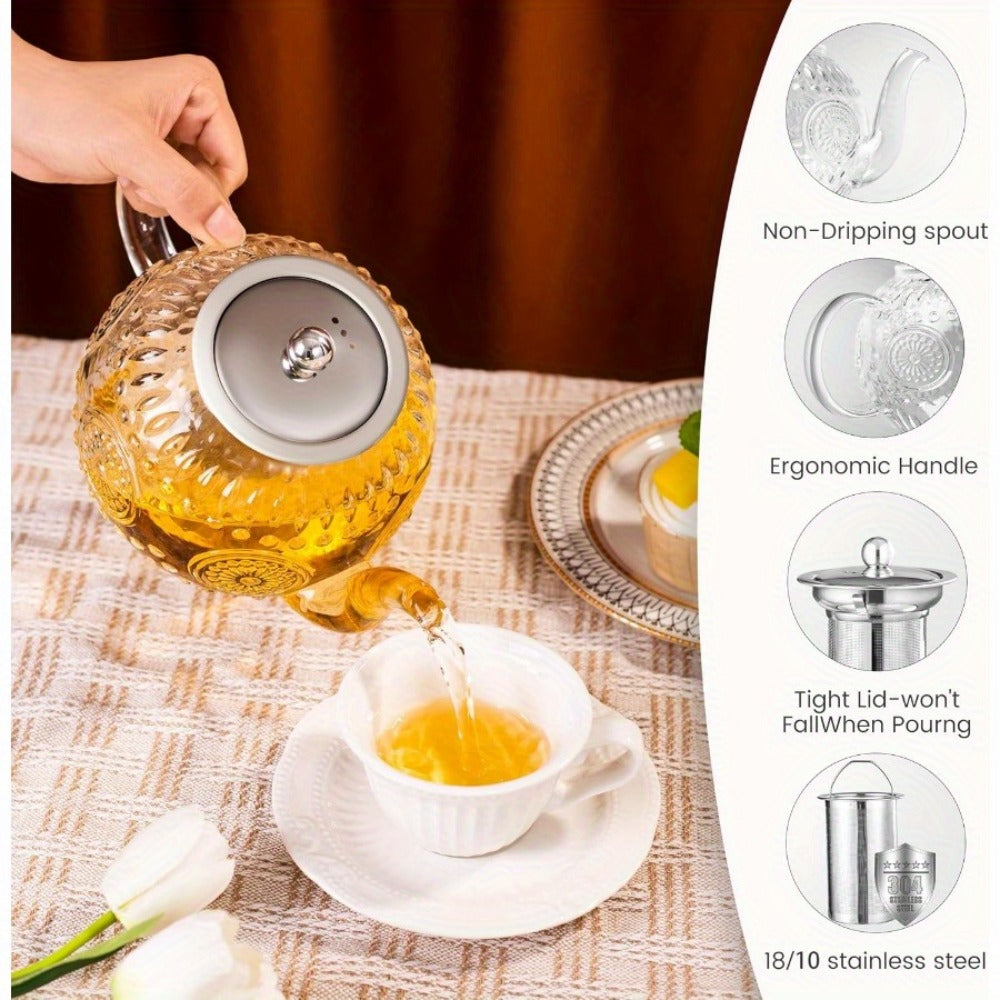 Vintage Glass Teapot 50oz 1500ml with Removable Infuser Stovetop Safe Borosilicate Tea Kettle Elegant Floral Design Durable Easy Clean for Loose Leaf Blooming Tea