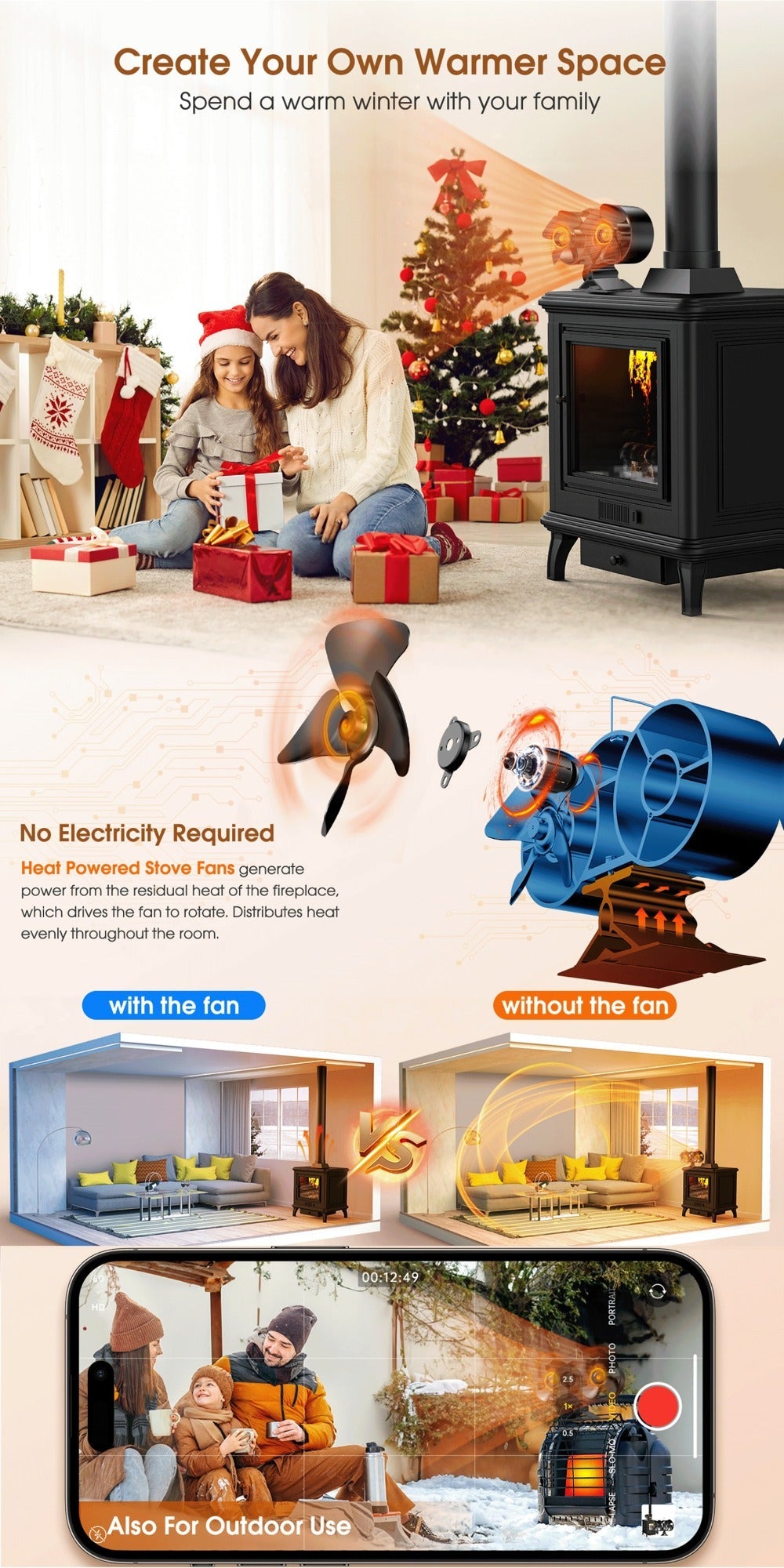 Wood Stove Fan 8-Blade Dual Motor Fireplace Fan Heat Powered for Wood Log Burner Stove | Silent Self-Powered Eco-Friendly Stove Top Fan Circulates Warm Air Buddy Heater Compatible Models 800B7 500J