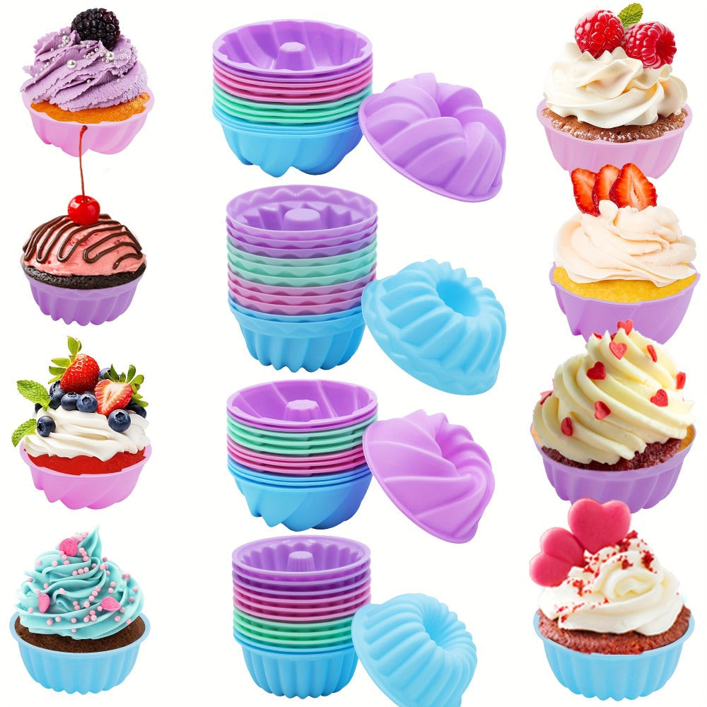 Silicone Donut Mold 48pcs, Nonstick Silicone Baking Cups with 4 Shapes (Thread, Woven, Pumpkin, Flower), Muffin Jello Bagel Pan, Oven Microwave Dishwasher Safe Silicone Baking Molds for Donuts and Cupcakes