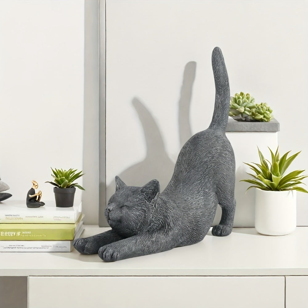Yoga Cat Statue Hand-Painted Stretching Cat Figurine Grey Resin Decorative Sculpture for Home Office Garden Indoor Outdoor Decor Cat Lover Gift High-Quality Finish Stylish Ornament