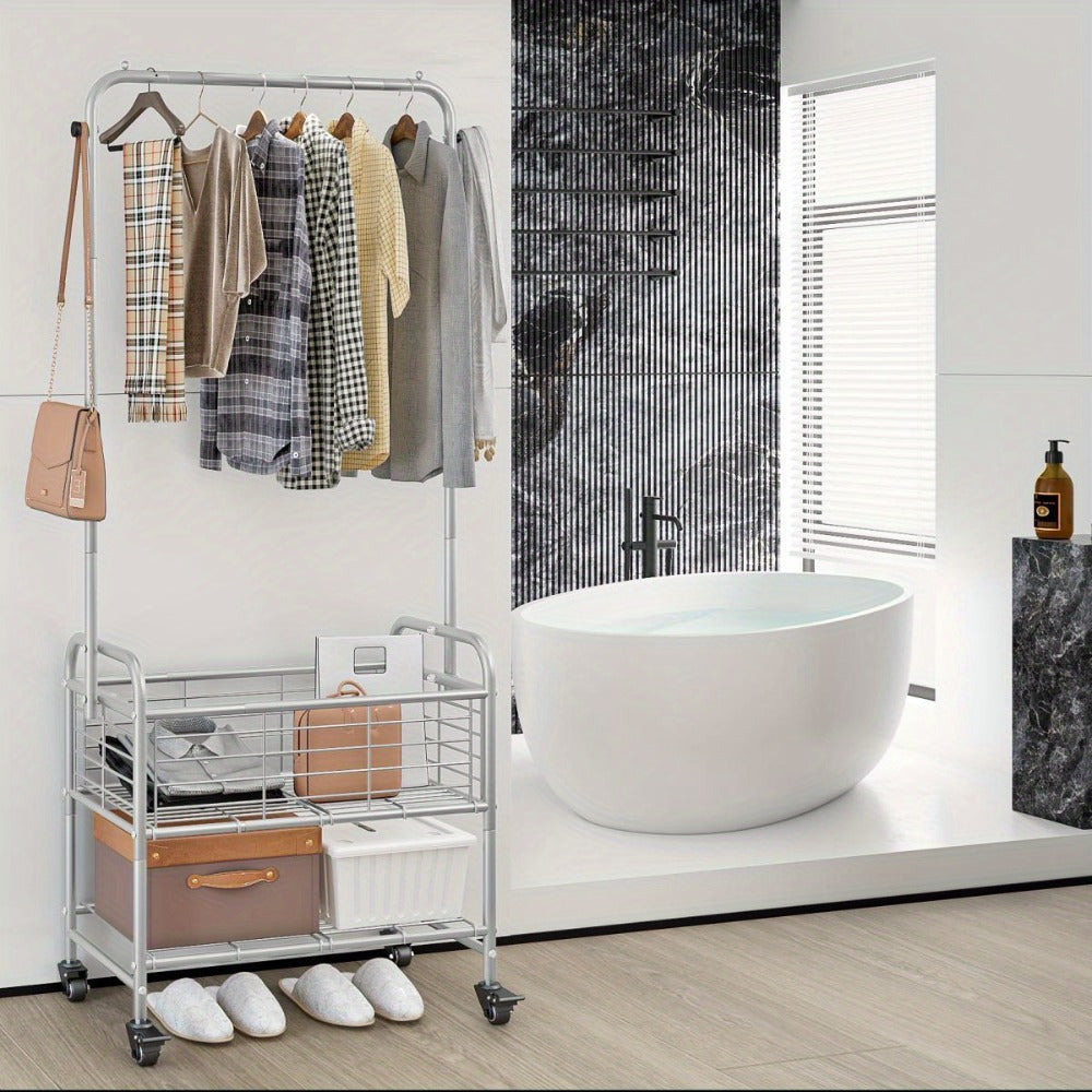 Rolling Laundry Basket with Wheels and Hanging Rack, Laundry Sorter Cart with Shelf and Locking Casters, Heavy Duty Steel Frame, Multifunctional Clothes Hamper for Laundry Room Bedroom Bathroom, White Black Silver