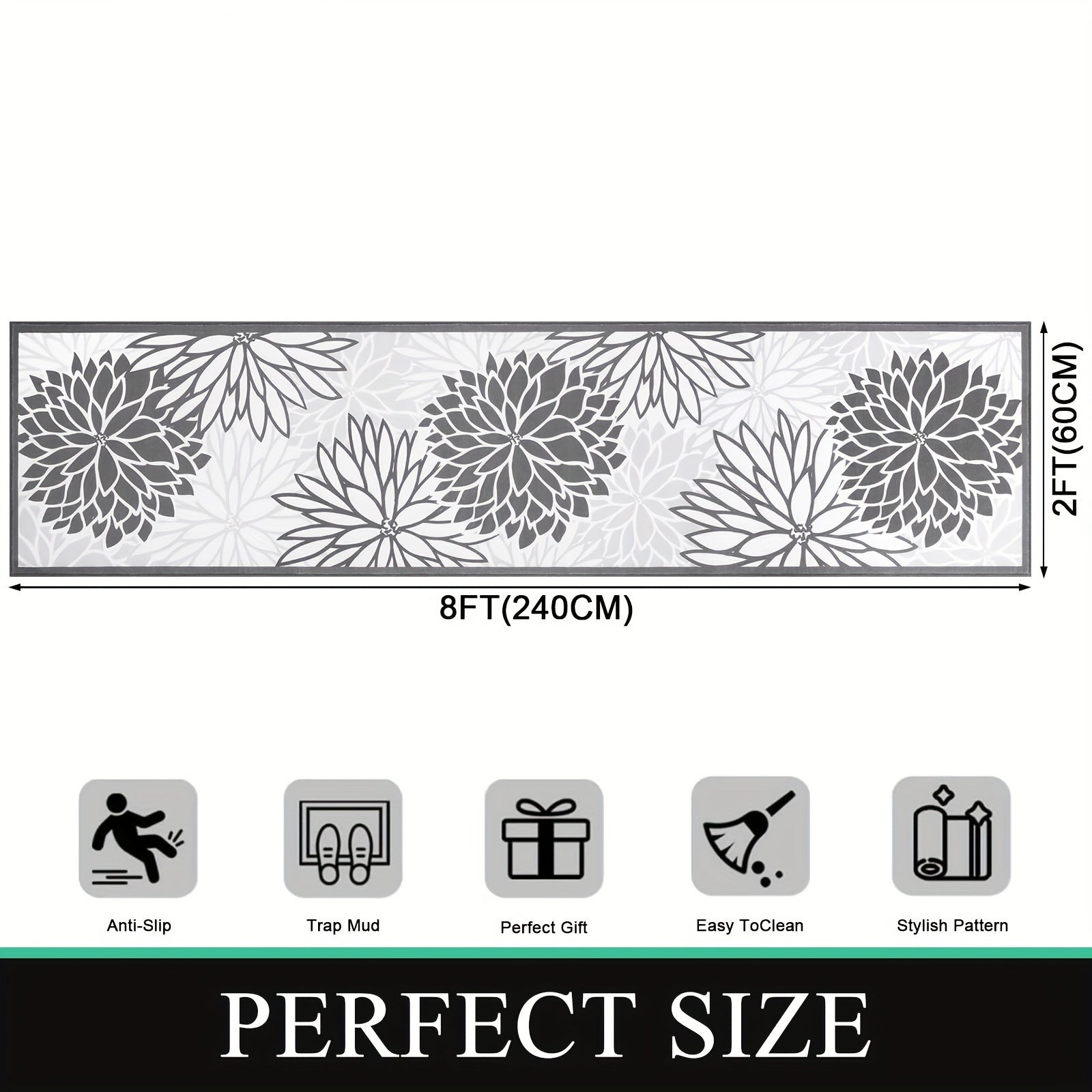 Floral Medallion Runner Rug Non-Slip Machine Washable ¨C Low-Profile Hallway Carpet for Entryway, Laundry Room & Bathroom ¨C Brown & Grey, 2x6, 2x8, 2x10 Ft
