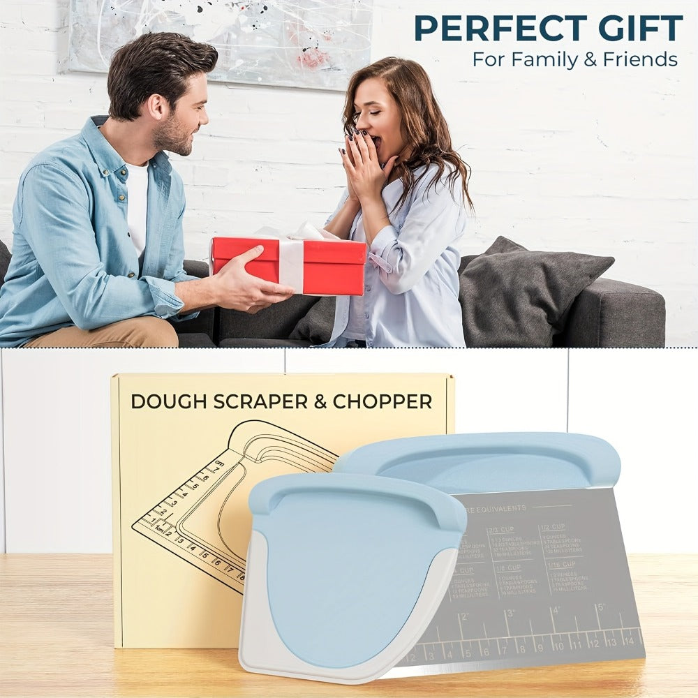 Dough Scraper Bench Scraper - Stainless Steel Dough Cutter with Silicone Handle & Measuring Scale, Multipurpose Pastry Scraper Pizza Spatula Baking Tool, Kitchen Gadget Gift, Blue Grey