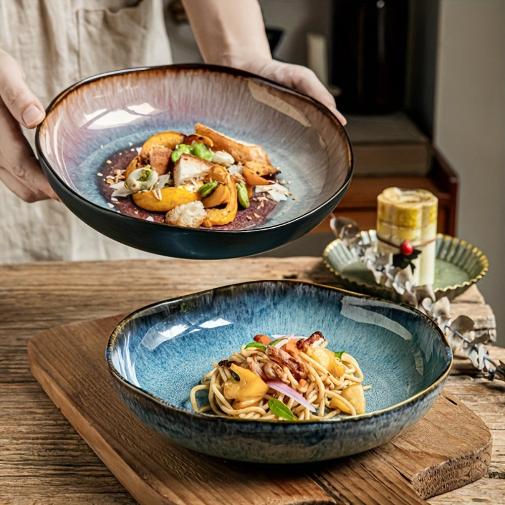 Irregular Deep Dish Ceramic Plate | Artisan Handcrafted Salad Soup Bowl Dish | Unique Edge Design | Dishwasher Safe Tableware for Family Dining