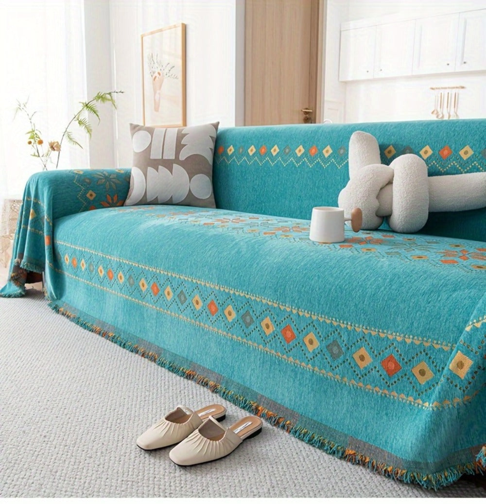 Bohemian Embroidery Chenille Sofa Cover 300GSM - Machine Washable Knit Weave Slipcover for 2 3 4 Seater Sectional Sofa No Padding, 5 Colors
