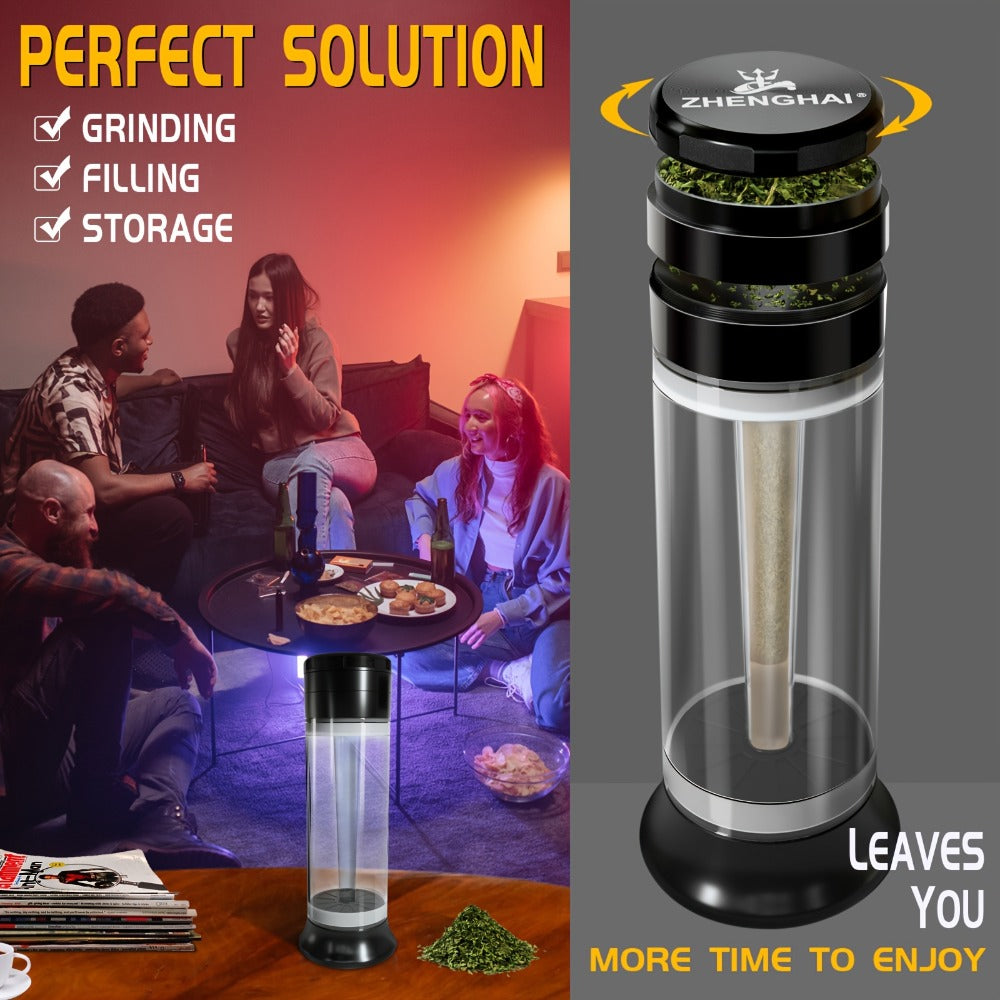 3-in-1 Herb Grinder with Cone Loader & Rolling Machine, Multifunctional Tobacco Grinder Blunt Joint Roller Filling Storage All-in-One with Cleaning Brush, Spice Grinder for Home Use, Black Red Blue