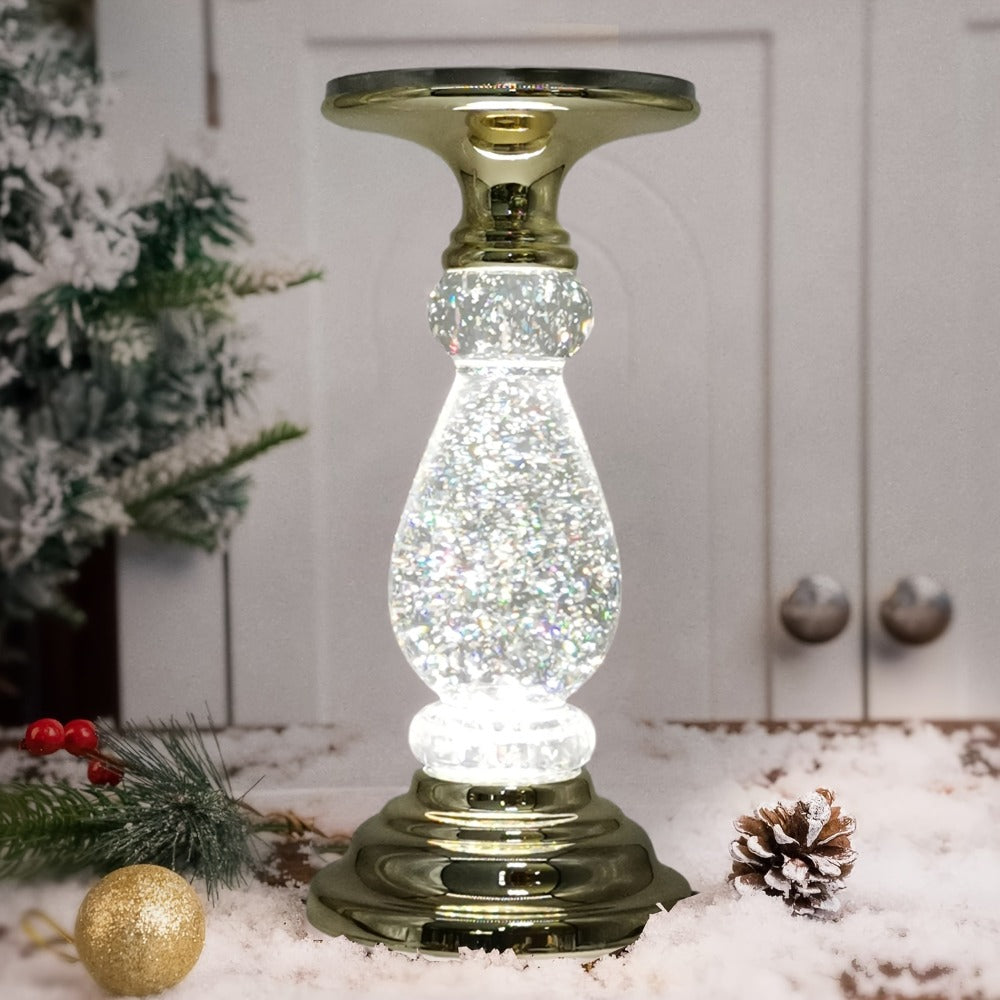 LED Swirling Candle Holder with On/Off Switch ¨C Polished Acrylic Pedestal Base Fits 3-Wick Candles Up to 4 Inch Silver Gold Centerpiece for Home Decor Wedding Table Holiday Christmas Gift