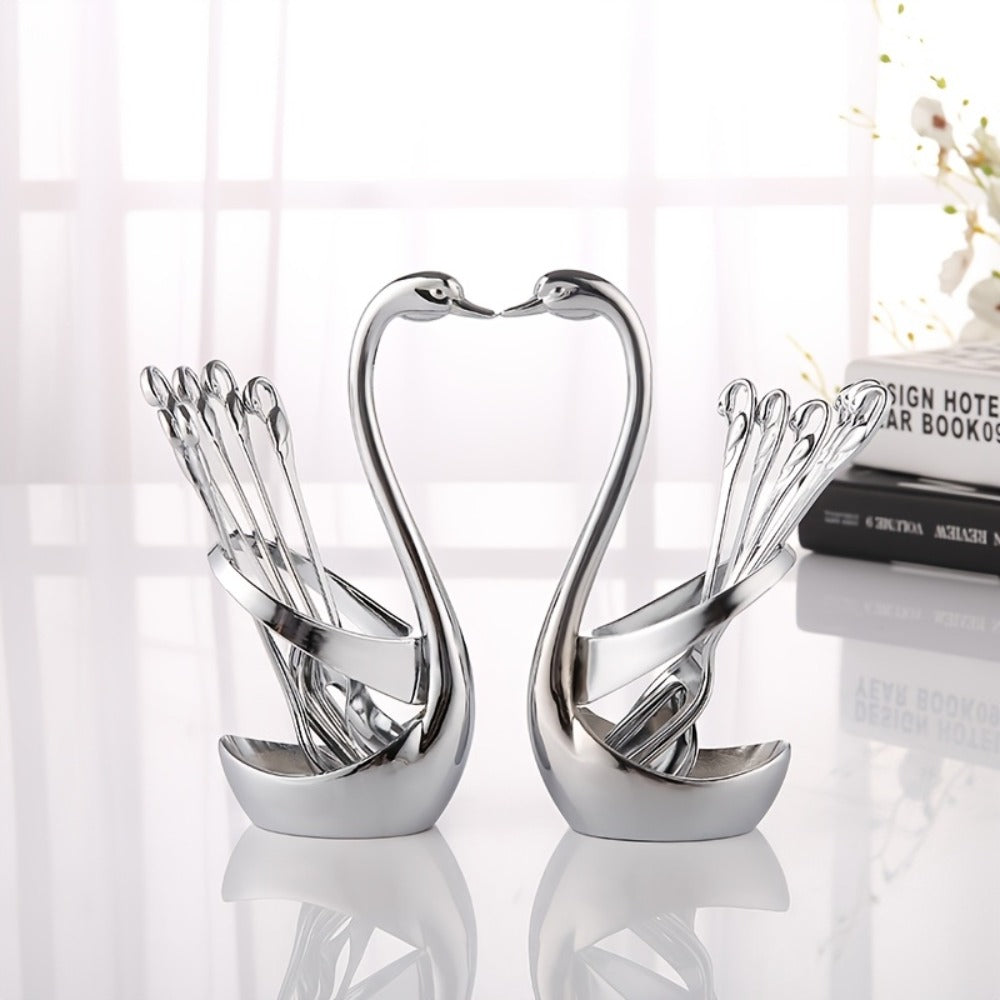 Swan Cutlery Rack Set 7pcs Stainless Steel Decorative Silverware Holder with 3 Forks & 3 Spoons - Elegant Swan Shaped Flatware Stand for Table Decor, Holiday Dining, Christmas Halloween Thanksgiving Gift