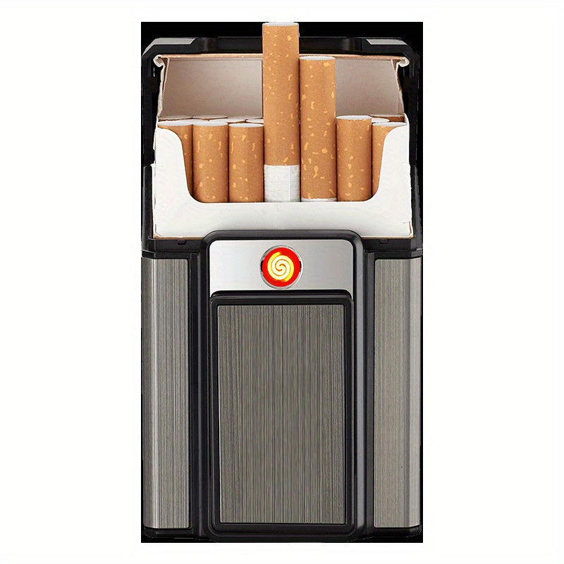 Cigarette Case with Built-in USB Rechargeable Lighter, Tungsten Filament Windproof Electric Igniter, One-Button Pop-Up, Holds 20 Cigarettes, Compatible with Soft & Hard Packs ¨C Travel Cigarette Holder