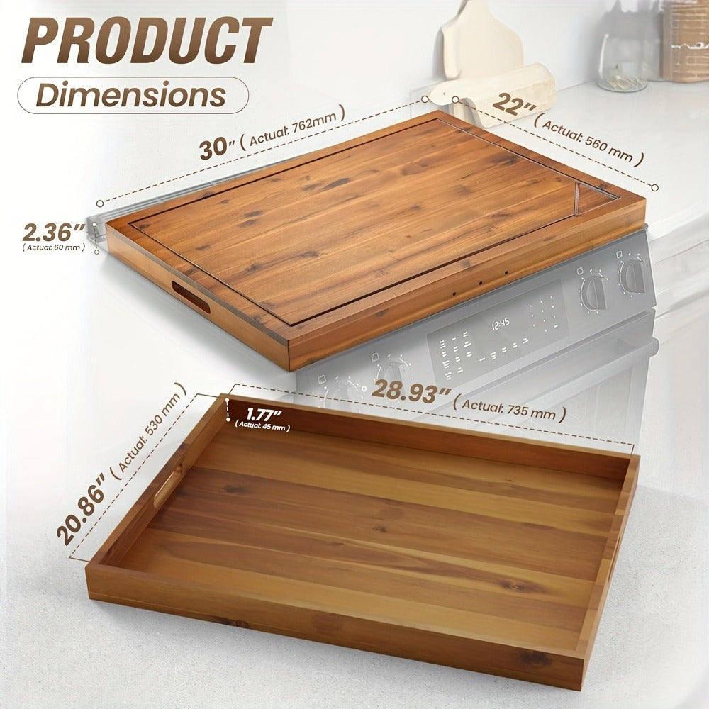 Acacia Wood Stove Top Cover Board 30x22 Inch, Gas Stove Cover with Handle Groove & Ventilation Holes, Extra Counter Space Cutting Board Serving Tray for Kitchen RV Camper, Multifunctional Charcuterie Board