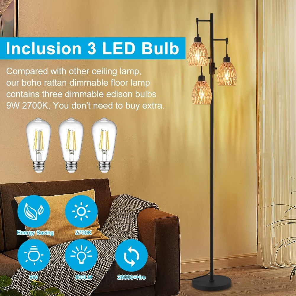 Boho Rattan Floor Lamp Dimmable ¨C 3-Light Stepless Dimming Standing Lamp with Natural Rattan Shade & Metal Base for Living Room, Bedroom, Dining Room ¨C Warm Bohemian Home Lighting