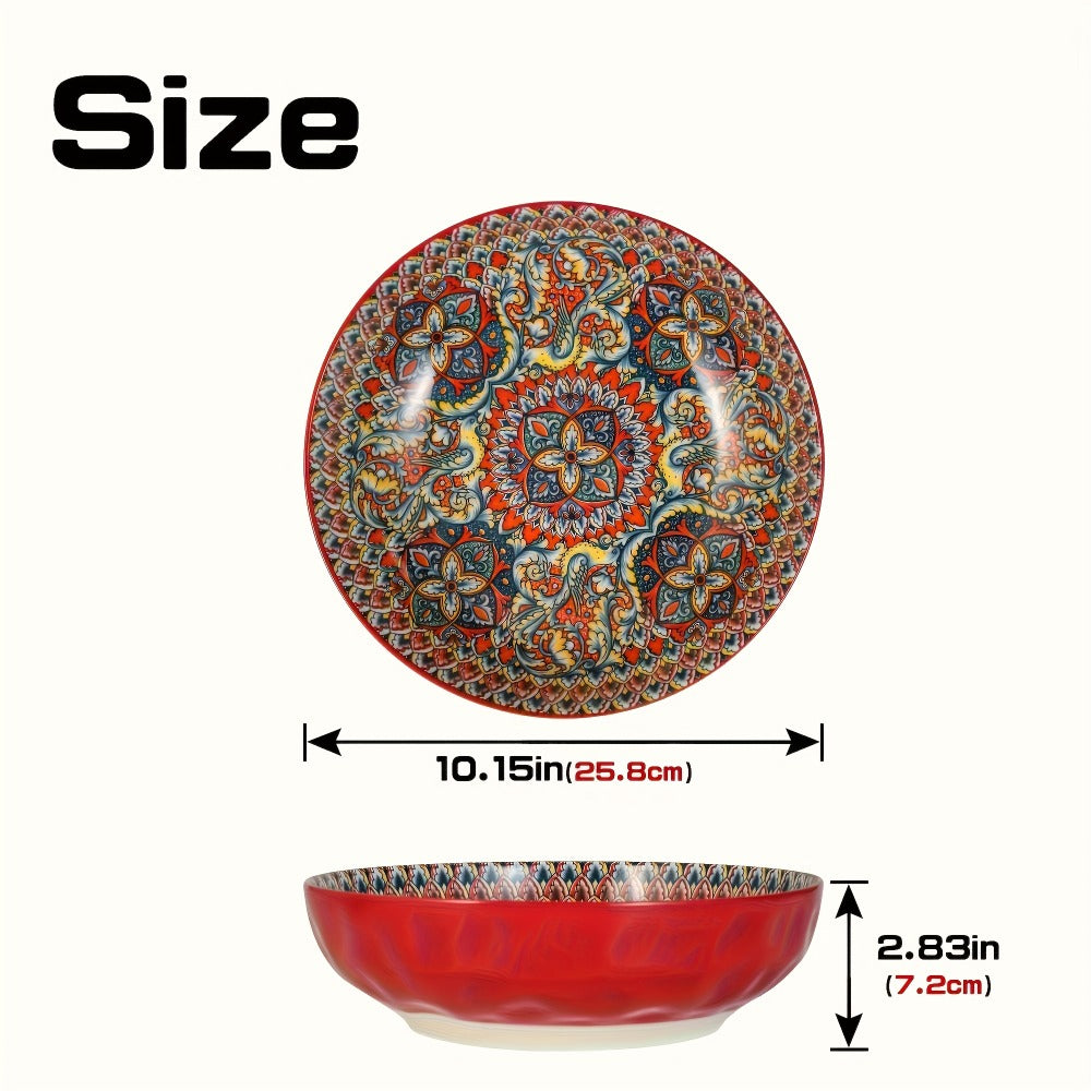 Ceramic Soup Bowl Set 2pcs Bohemian Floral Hand-Painted 25.8cm Microwave Safe Vintage Tableware for Cooking Dining Gift
