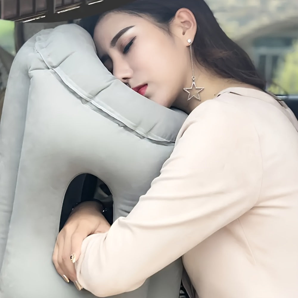 Inflatable Travel Pillow with Carrying Case ¨C Ergonomic Neck & Head Support for Airplane, Car, Train, Office Nap & Camping, Compact Lightweight Flocking Fabric Pillow