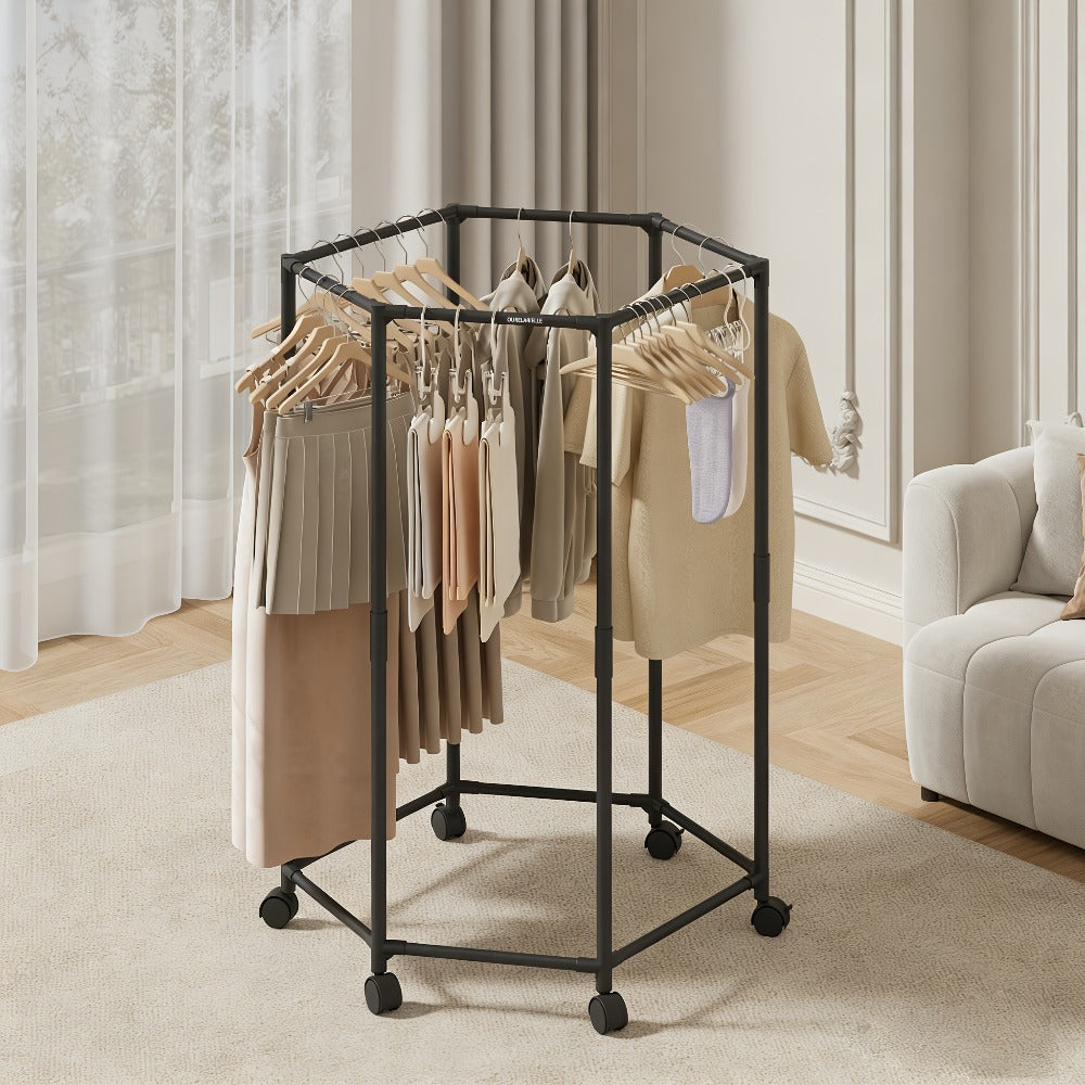 Hexagonal Clothes Drying Rack Freestanding Rotating Metal Garment Rack with Wheels Multiple Rods Space Saving Coat Rack for Bedroom Dorm Balcony Laundry