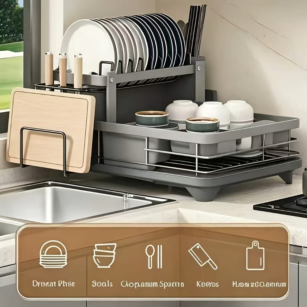 2-Tier Dish Drying Rack with Drainboard & Mat ¨C Metal Dish Rack for Kitchen Counter with Knife Fork Cup Holder