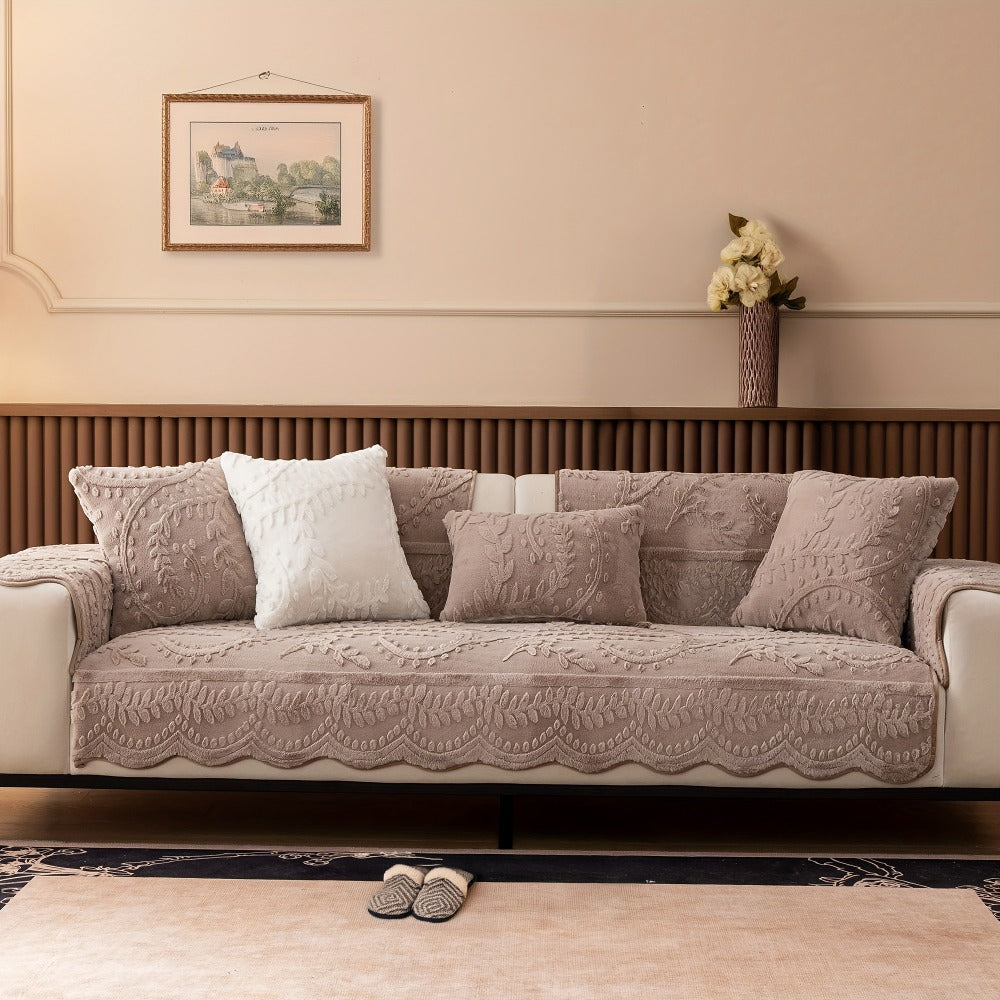 Faux Rabbit Fur Plush Sofa Cover Non-Slip | Thickened Quilted Couch Cushion, Machine Washable Pet Friendly, 1 to 4 Seat Armrest Backrest, White Light Grey Brown, Home Winter Decor