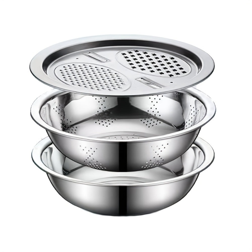 Stainless Steel Kitchen Tool Set 3pcs ¨C Built-In Grinder, Colander Filter & Mixing Bowl for Washing, Slicing & Draining Fruits, Vegetables & Cheese, Food-Safe Drainage System