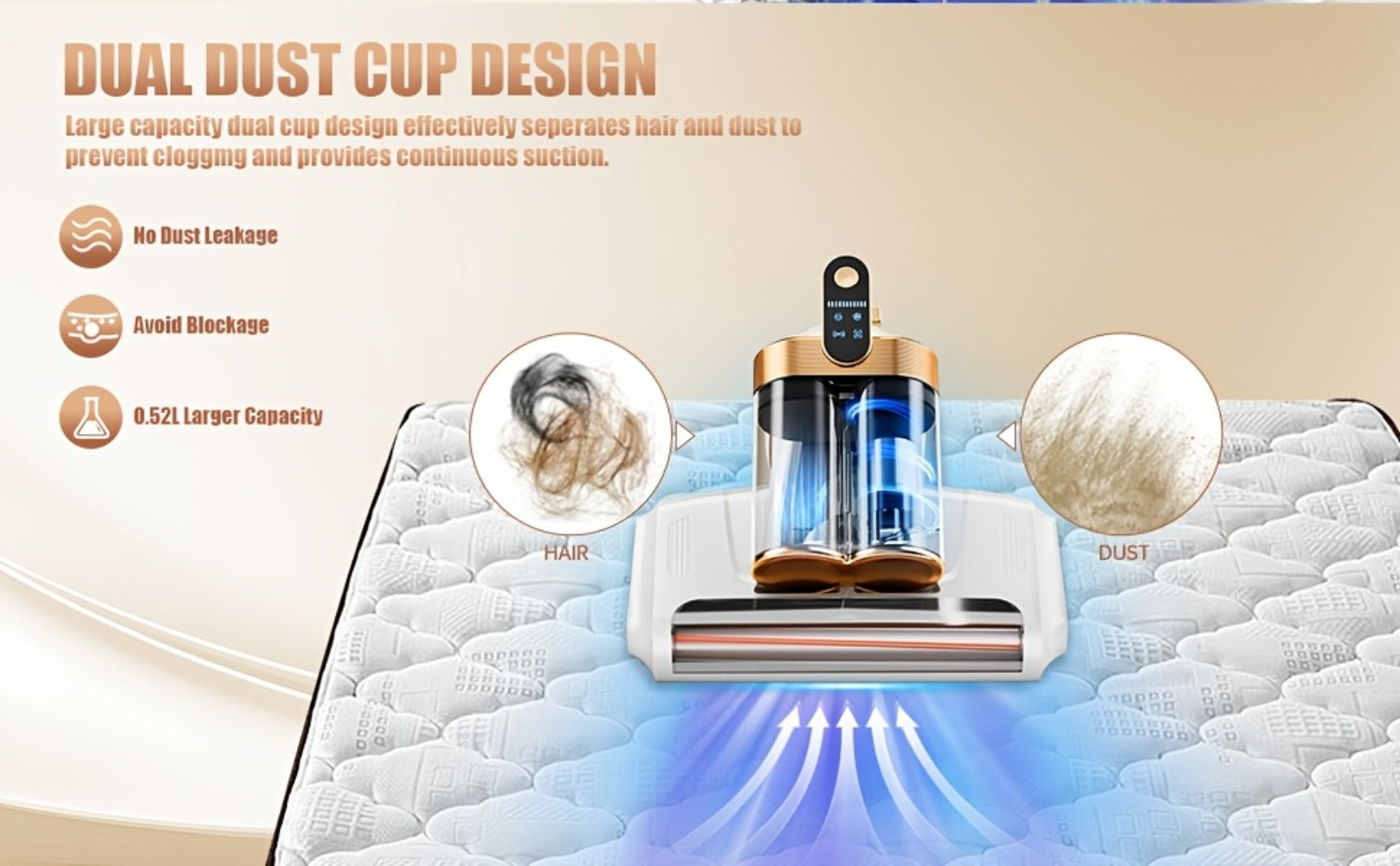 Cordless Mattress Vacuum Cleaner 16Kpa UV Light & 80000 RPM Sonic Technology, 3-Min Fast Charge Handheld Bed Vacuum for Mattress Sofa Carpet Dust Mites