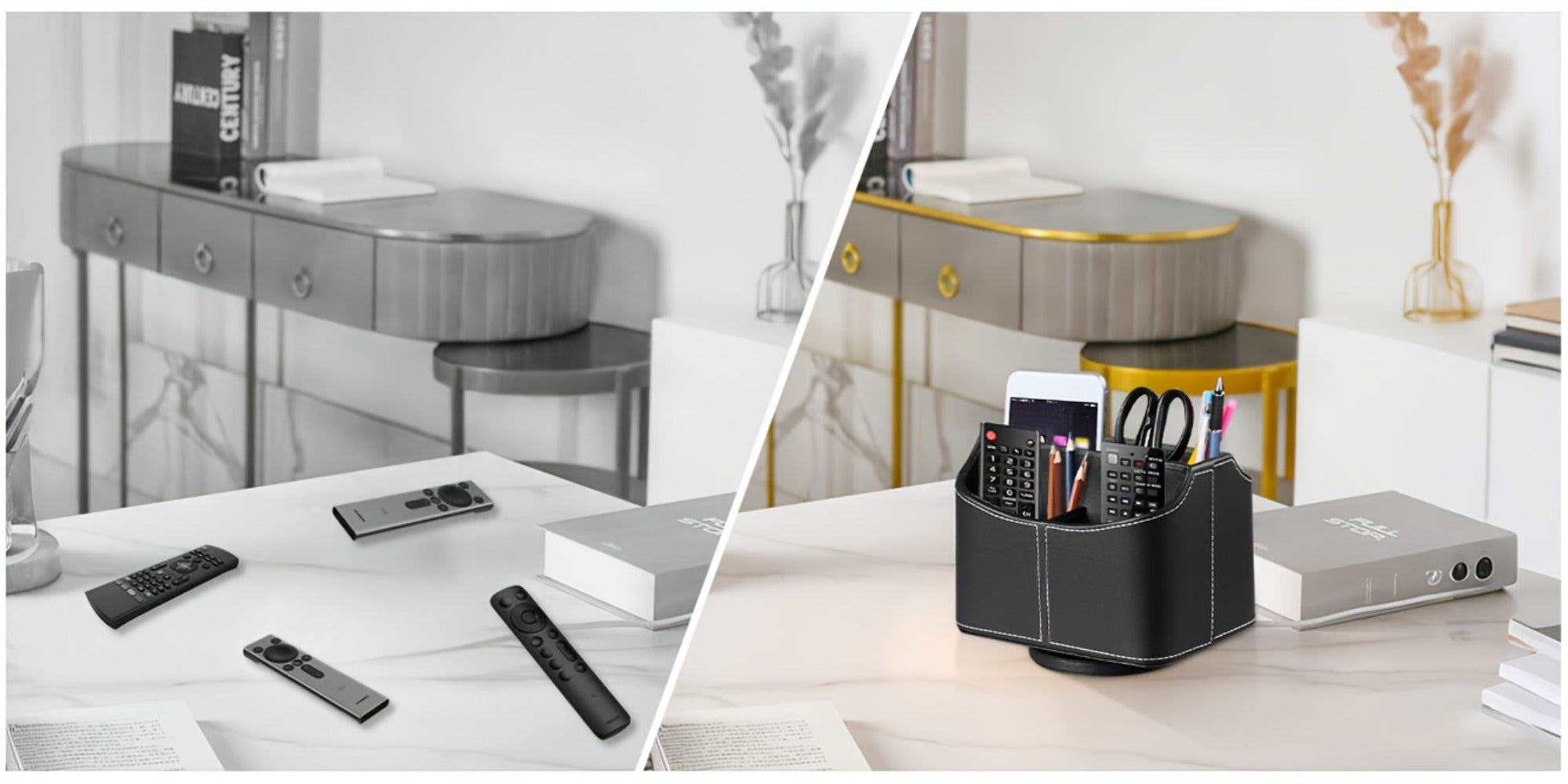 360¡ã Swivel Remote Control Holder with 5 Compartments ¨C PU Leather Desktop Organizer Caddy for TV Remotes, Phones, Glasses, Cosmetics & Stationery, Rotating Storage Box for Home Office Nightstand