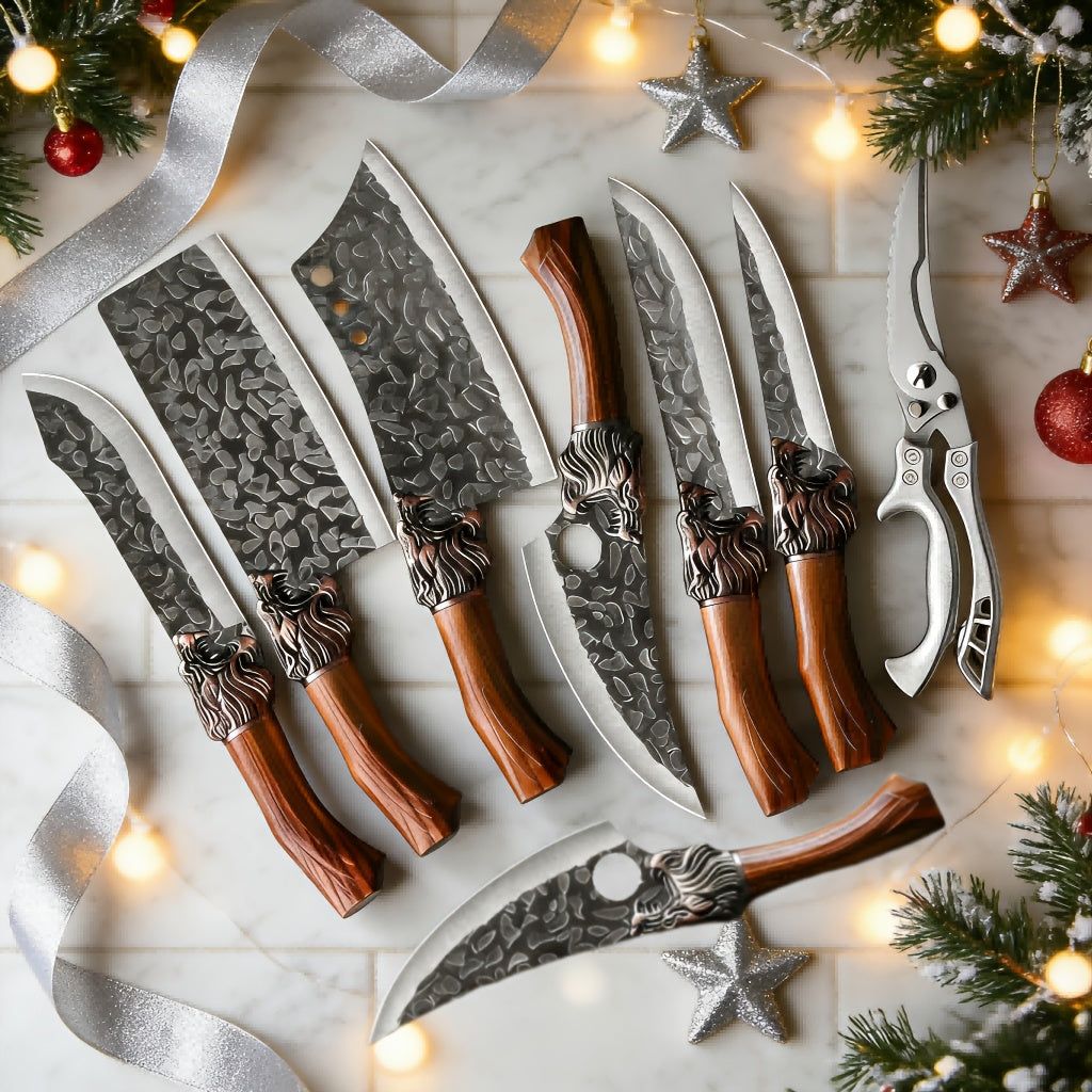Kitchen Knife Set 7 Piece Professional Stainless Steel - Ultra Sharp Chef Knives with Boning, Slicing, Carving, Fish, Butcher Knife & Scissors for Meat