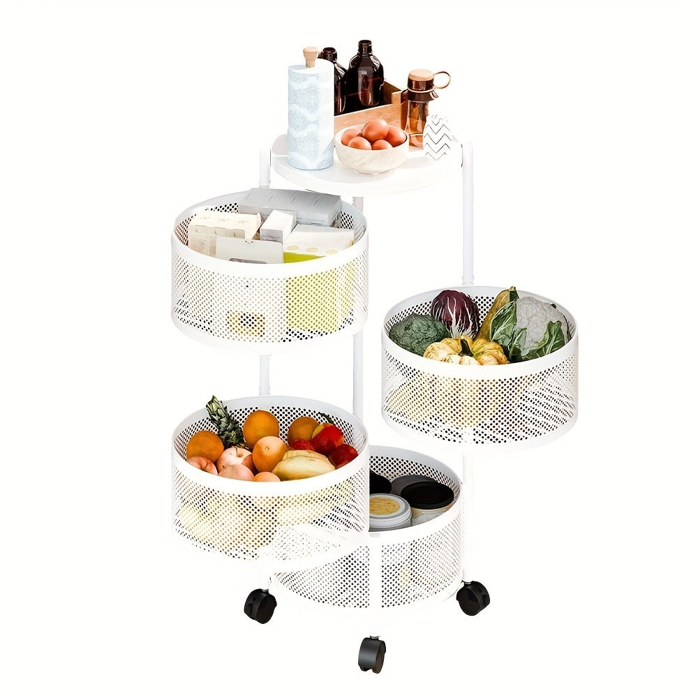 Rotating Storage Rack Multi-Tier Rolling Cart ¨C 360¡ã Swivel Round Floor Standing Organizer with 4 or 5 Layers, Vegetable Basket & File Rack for Kitchen, Bathroom, Office & Living Room (Black / White)