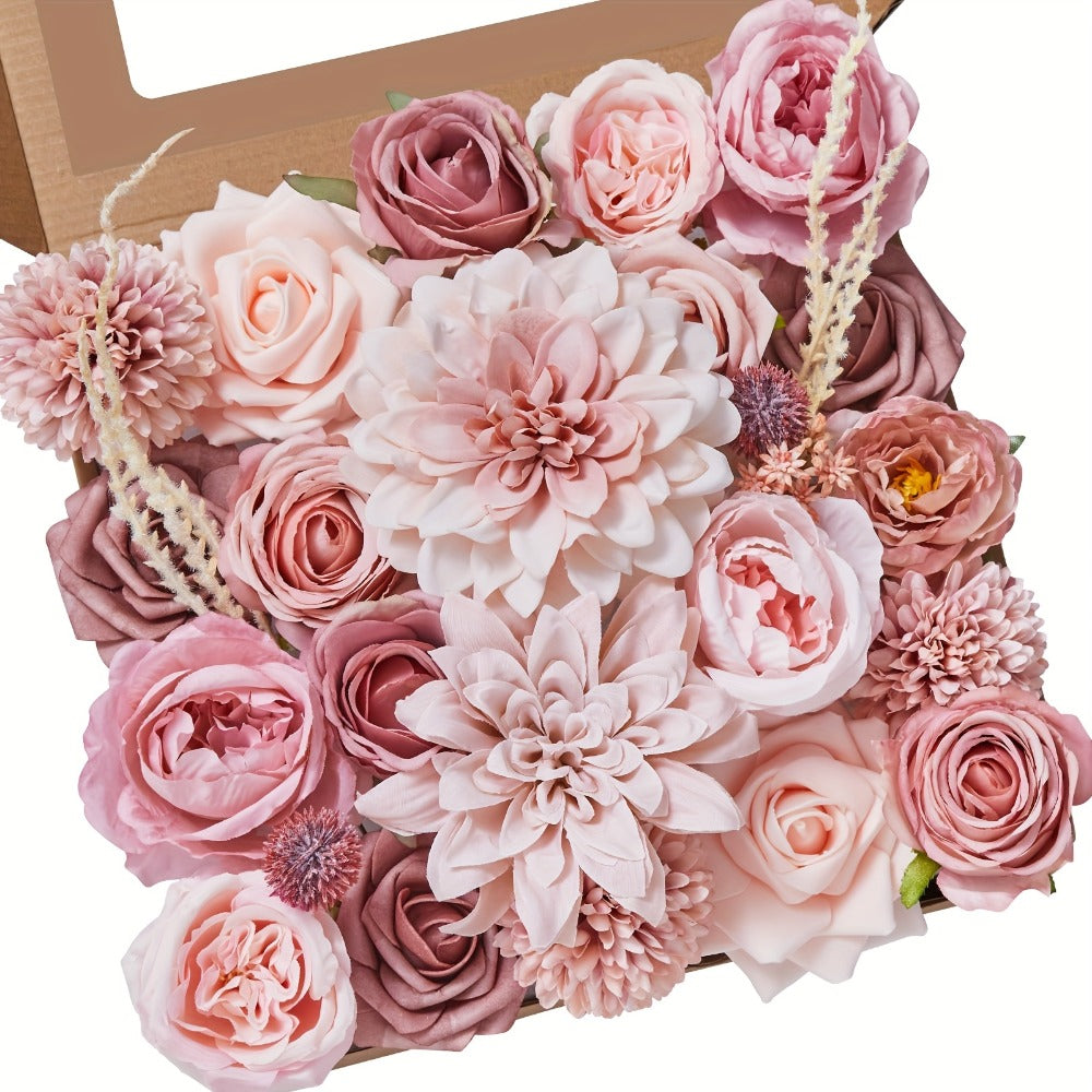 Pink Rose Dahlia Faux Flowers Box - Realistic PE Foam Artificial Flowers with Wire Stems for Wedding Bridal Bouquet Home Decor Table Arrangement Party Cake Baby Shower Birthday Decoration